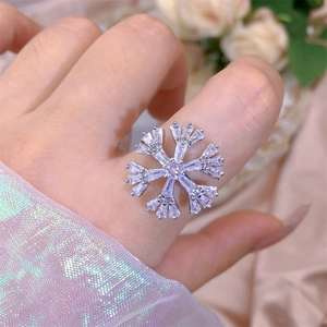 Detailed view of an intricate snowflake zircon ring with shiny silver metal finish