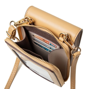 Beige PU leather crossbody phone bag featuring leaf buckle and internal card slots