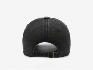 Rear view of vintage washed denim baseball cap featuring adjustable metal buckle strap
