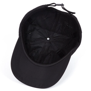 Detail of breathable mesh lining and adjustable strap on black baseball cap
