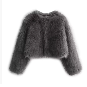 Short grey faux fur jacket with round neck and long sleeves on white background