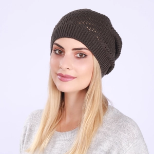 Close-up of a dark brown knit beanie featuring a delicate hollow breathable point design