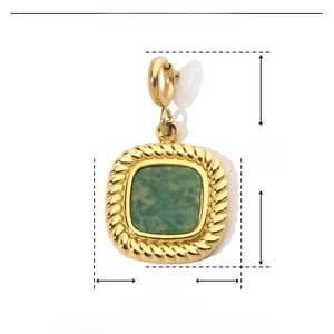 Detailed view of a 21x12mm green natural stone pendant with gold-plated stainless steel frame