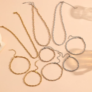 Three-tone woven round snake chain necklace and bracelet jewelry set in gold and silver