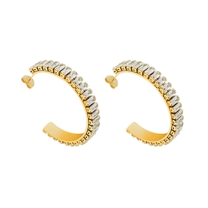 Elegant gold C-shaped hoop earrings featuring shimmering rectangular channel-set zircons