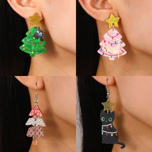 Christmas acrylic earrings set with creative cat and star patterns for holiday festive wear