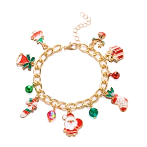 Festive gold alloy Christmas charm bracelet with Santa, reindeer and colorful enamel charms