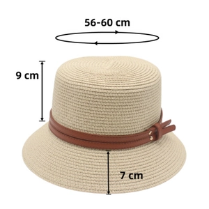 Detail view of straw sun hat with dimensions showing 7cm brim and leather buckle strap