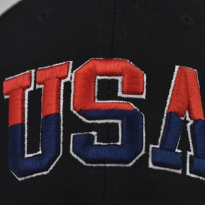 Classic black cotton baseball cap featuring 3D USA flag embroidery in red and blue