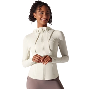 Slim fit hooded sports jacket for running and yoga in cream white with full zipper design