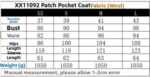 Detailed size chart for gray wool blend lapel coat showing precise measurements and weight