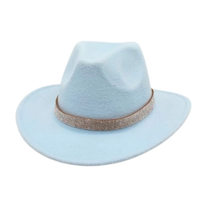 Light blue wool felt western cowboy hat with sparkling rhinestone band and wide brim