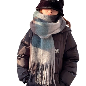 Thick gradient grey-blue checkered mohair scarf with fringes for winter warmth