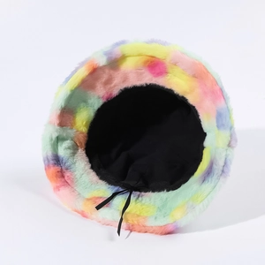 Colorful plush tie-dye bucket hat in soft faux fur with adjustable inner drawstring