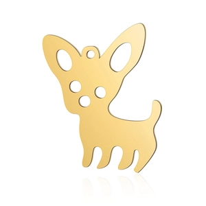 Detail shot of a golden Chihuahua cutout pendant made of polished stainless steel