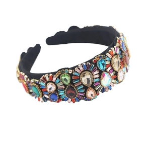 Baroque retro wide headband with colorful rhinestones and jewels on black velvet
