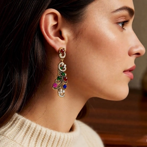 Macro shot of vintage gold drop earrings with multi-colored gemstones on a female model