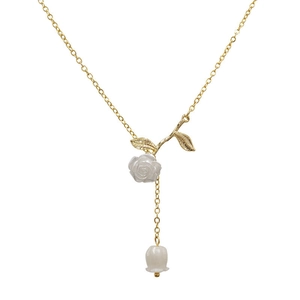 Elegant gold chain necklace with a white rose flower and Lily of the Valley pendant
