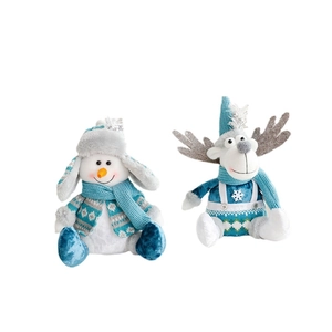 Blue and white knitted Christmas snowman and reindeer dolls for holiday home decorations