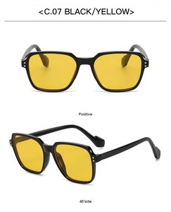 Detailed front and side views of black frame sunglasses with yellow lenses, model C.07