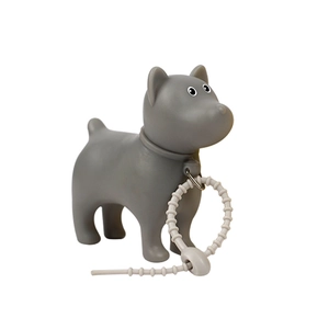 Detail of grey dog-shaped silicone waste bag dispenser with beaded strap and metal ring