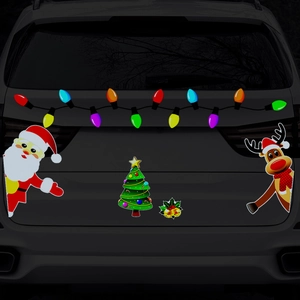 Reflective Christmas magnetic decals set on car rear with Santa, reindeer and tree