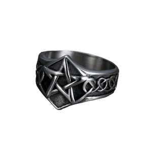 Vintage punk stainless steel pentagram ring with intricate Celtic knot carvings