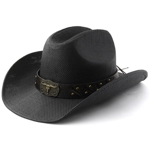 Black straw cowboy hat featuring a leather band with longhorn bull skull metal ornament