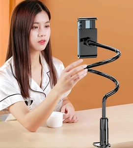 Adjustable long arm tablet stand with clamp base and flexible gooseneck in black