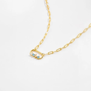 Elegant gold S925 sterling silver chain necklace with blue gemstone and pearl D-link pendant