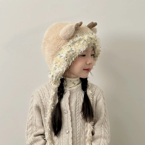 Toddler winter reindeer hat with warm ear flaps and faux mink fleece in beige color