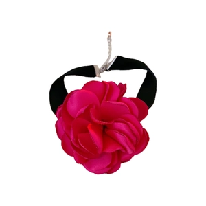 French vintage choker with a large magenta satin flower on a black velvet necklace strap