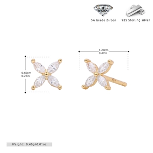 Detail showing 925 sterling silver flower earrings with 5A zircon and size specs