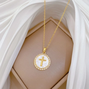 Luxury gold titanium necklace with round cross pendant and sparkling crystal details
