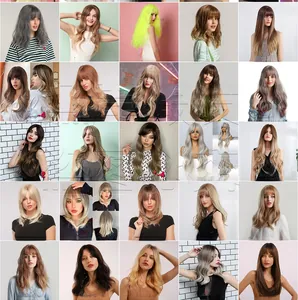 Collage of long wavy wigs in various gradient colors with bangs for women styles