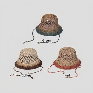 Handcrafted straw sun hat with cute ties and tassels in green, coffee, and red colors