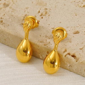 Minimalist 18K Gold Plated Stainless Steel Water Drop Stud Earrings French Style Spiral Texture Teardrop For Women