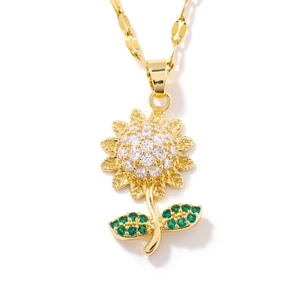 Exquisite copper sunflower necklace with sparkling white zircons and green leaf gems
