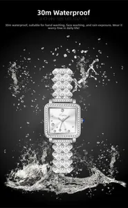 Waterproof silver square watch for women with rhinestones splashing in water