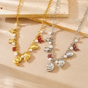 Ocean Theme Necklace Stainless Steel Gold Plated Shell Starfish Turtle Coral Charms Artificial Pearl Beach Vacation Jewelry Women