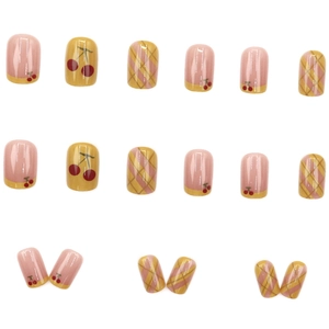 French style cherry and plaid press-on nails with sweet pink and yellow glossy finish