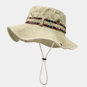 Outdoor khaki sun hat with ethnic style ribbon and adjustable windproof chin strap
