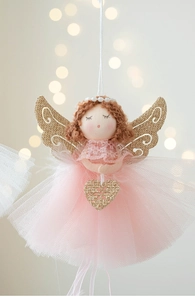 Detail of pink Christmas angel ornament with gold glitter wings and lace dress