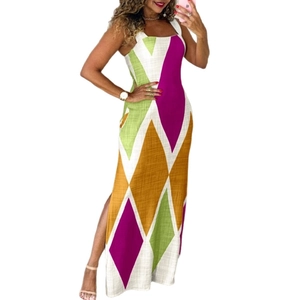 Summer sleeveless bodycon maxi dress with colorful geometric patchwork design
