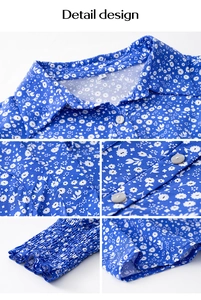 Détails du chemisier bleu à fleurs montrant le col revers, les boutons et les poignets