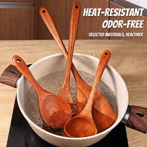Heat-resistant four-piece wooden spatula and soup spoon set for non-stick cookware