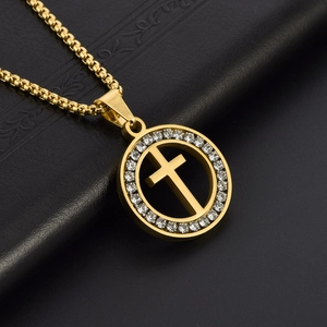 Religious golden hollow cross pendant necklace with zircon rhinestones on a box chain