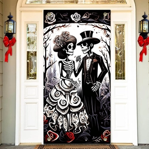 Halloween Day of the Dead porch banner with skeleton couple and red roses on white door