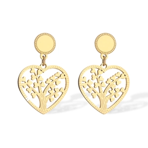 Golden hollow tree of life heart drop earrings in premium 18k gold plated titanium steel