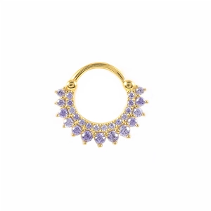 Detailed close-up of a gold nose ring set with double rows of sparkling purple cubic zirconia